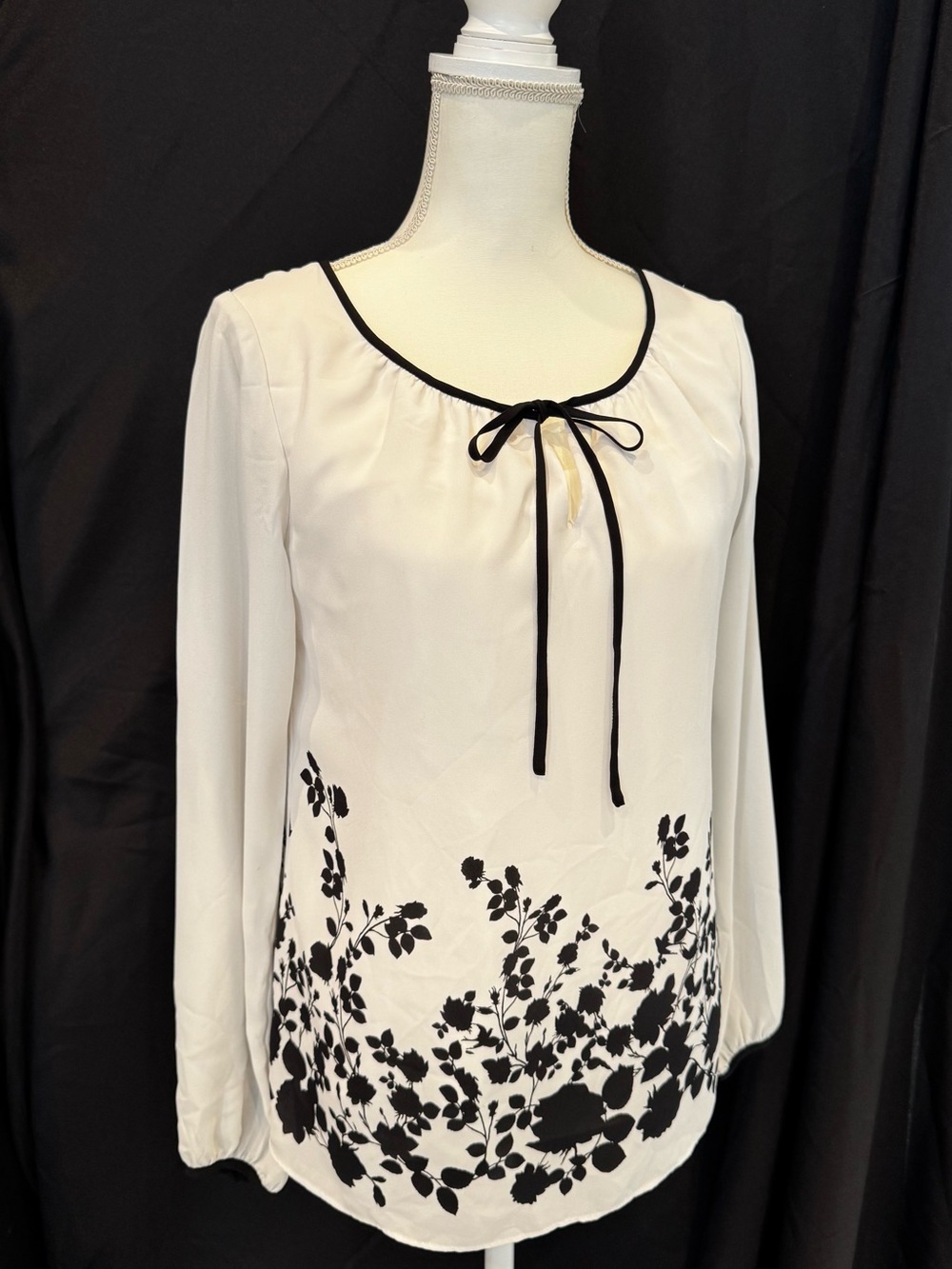 White House Black Market White Blouse with Black Floral Hem